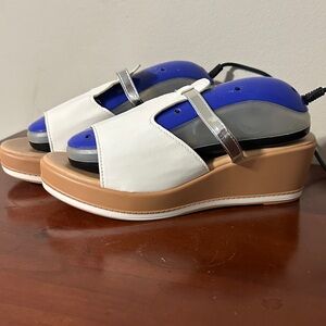 Elegant White and Tan Wedge Sandals